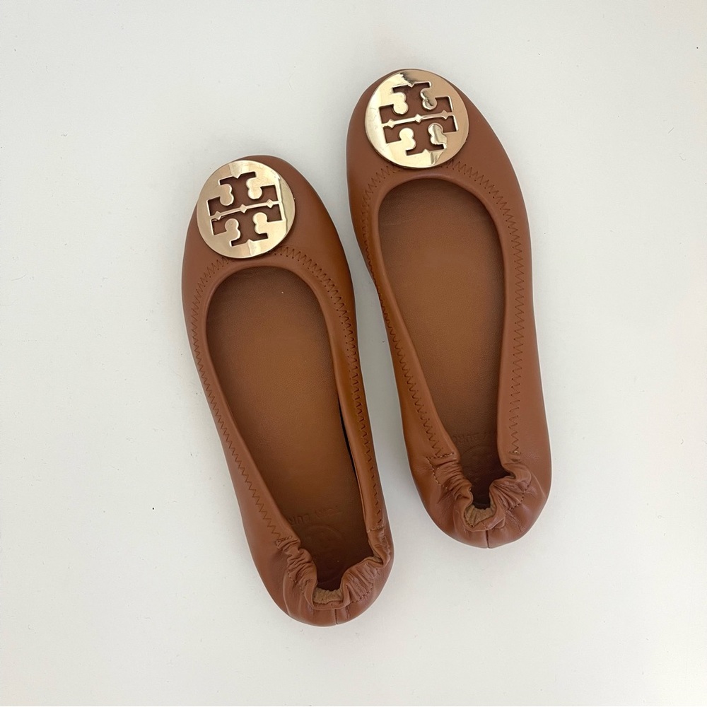 Tory Burch Minnie Travel Royal Tan Gold Logo Leather Ballet Flats Shoes Size 6